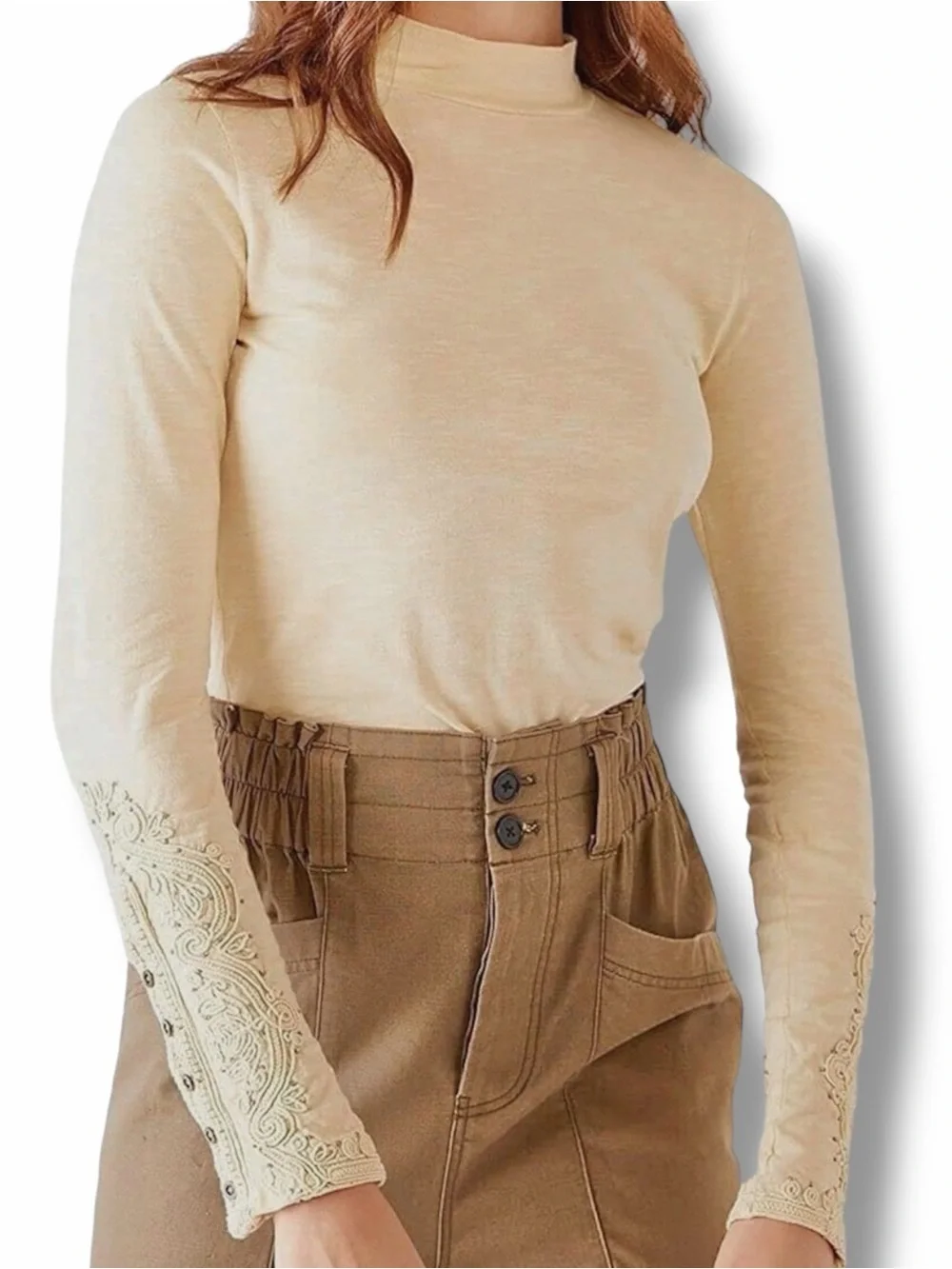 Free People We The Free Hooked On You Embroidered Cuff Top Size Large Wheat